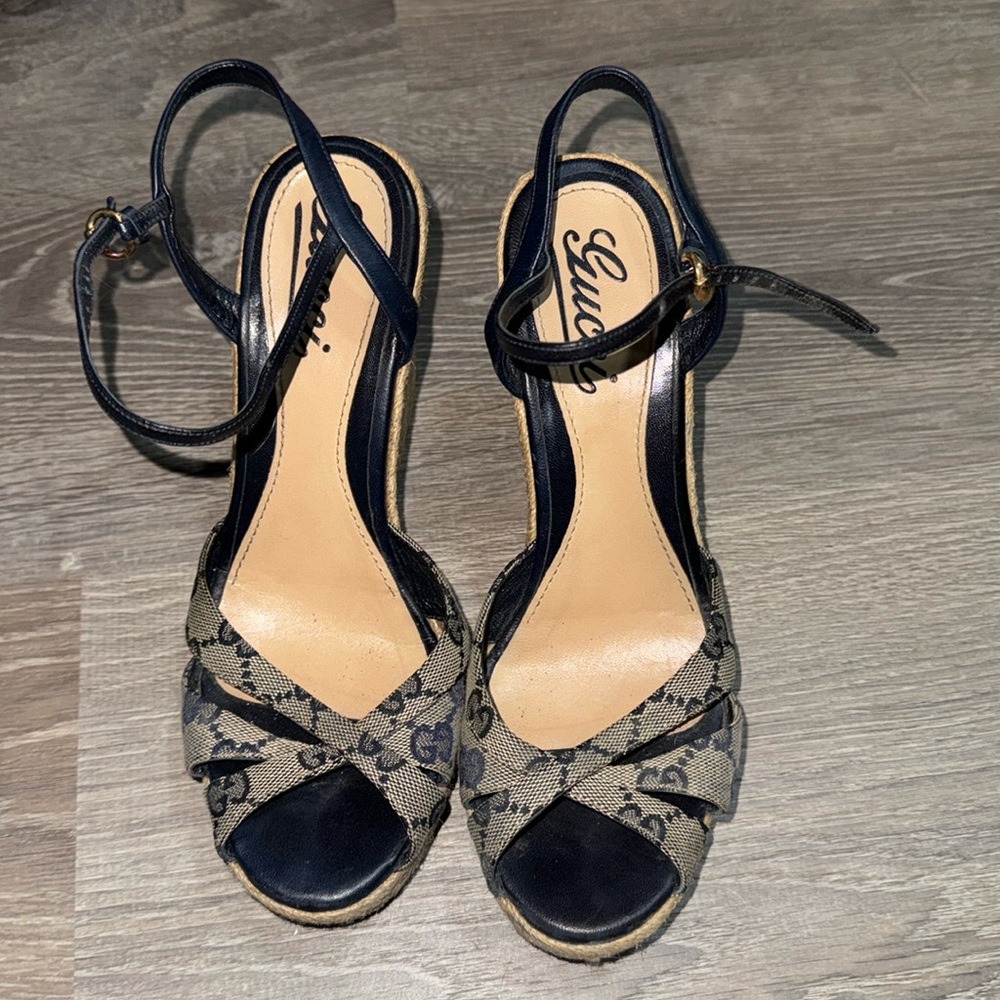 Gucci canvas navy blue wedge sandals